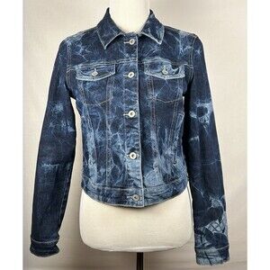 Arizona Women's Size M Cropped Denim Jean Jacket Blue White Bleach Tie Dye Wash